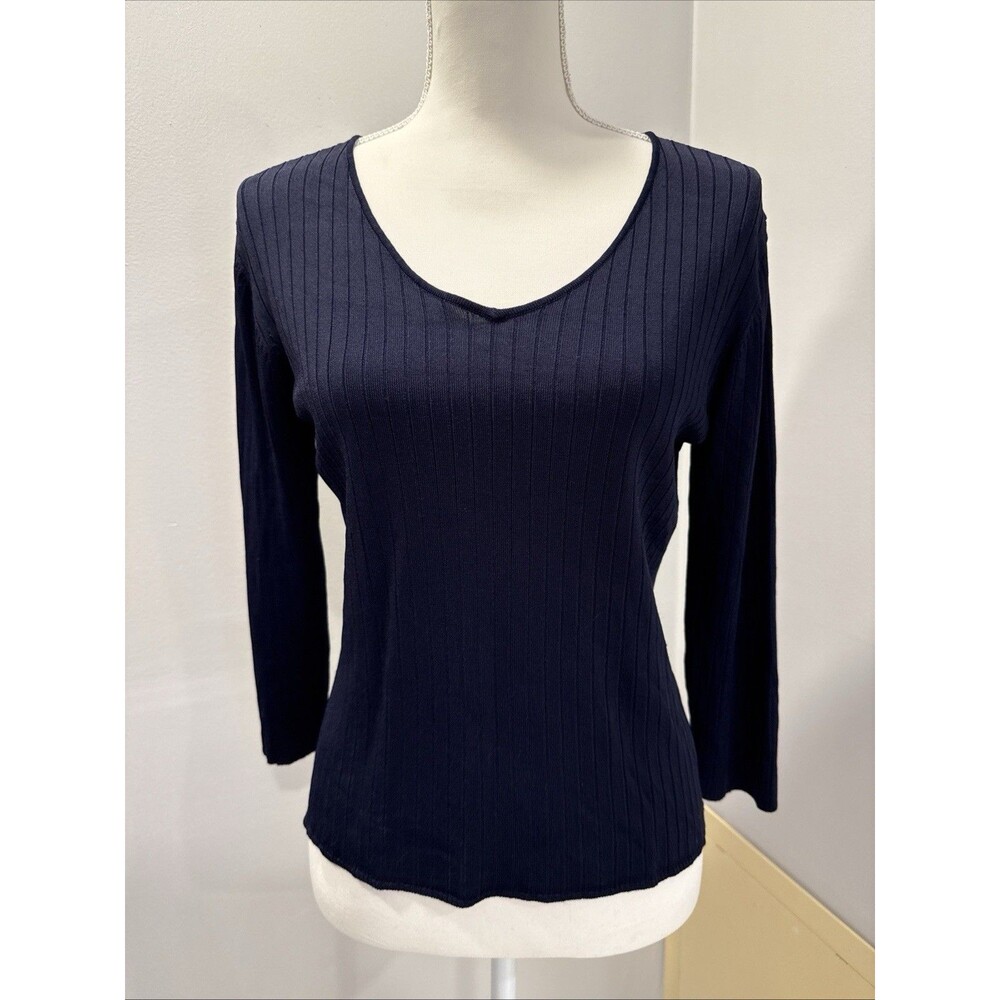 Lou Lou Dark Blue Ribbed Top Shirt 3/4 Sleeve Size Medium